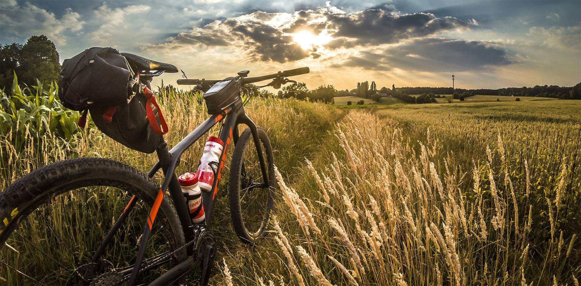 a mountain bike rested in a rural location
